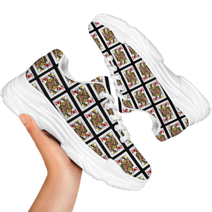 Queen Of Hearts Playing Card Pattern Print White Chunky Shoes