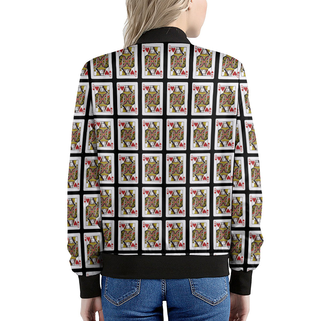 Queen Of Hearts Playing Card Pattern Print Women's Bomber Jacket