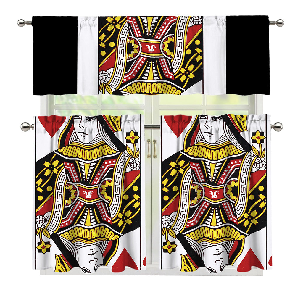 Queen Of Hearts Playing Card Print 3 Piece Kitchen Curtains