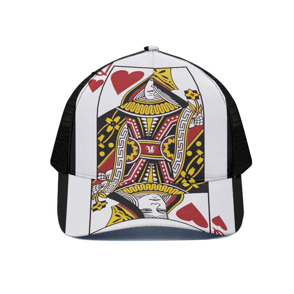 Queen Of Hearts Playing Card Print Black Mesh Trucker Cap