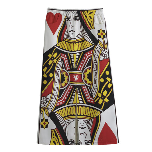 Queen Of Hearts Playing Card Print Cotton Front Slit Maxi Skirt
