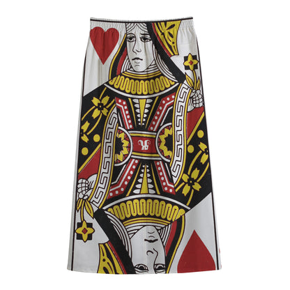 Queen Of Hearts Playing Card Print Cotton Front Slit Maxi Skirt