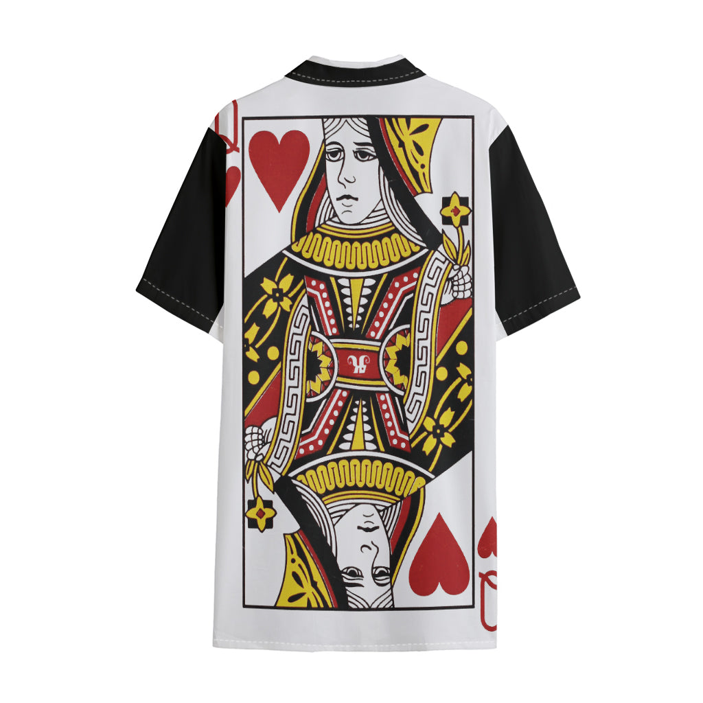 Queen Of Hearts Playing Card Print Cotton Hawaiian Shirt