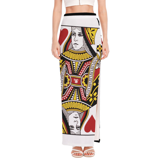 Queen Of Hearts Playing Card Print High Slit Maxi Skirt