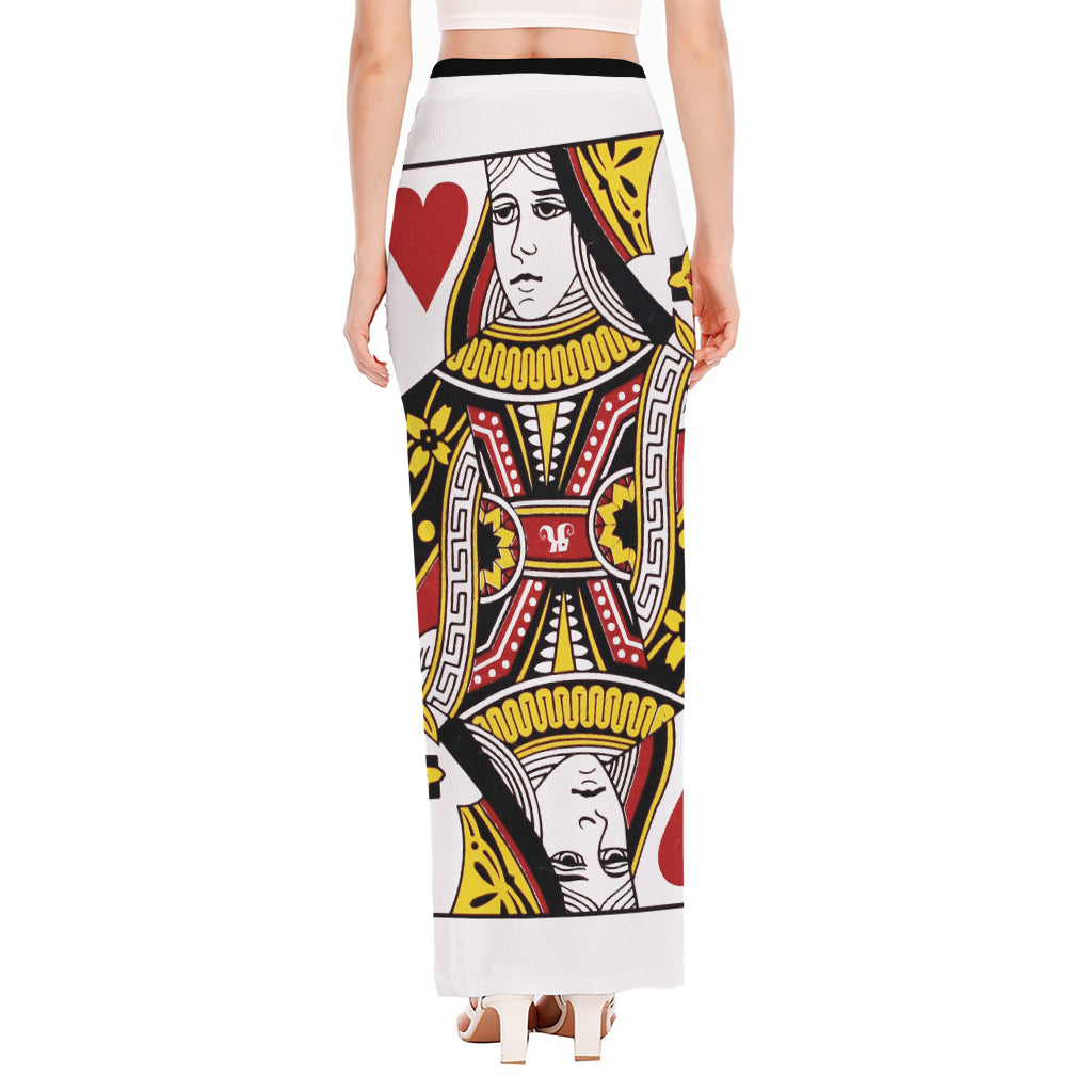 Queen Of Hearts Playing Card Print High Slit Maxi Skirt