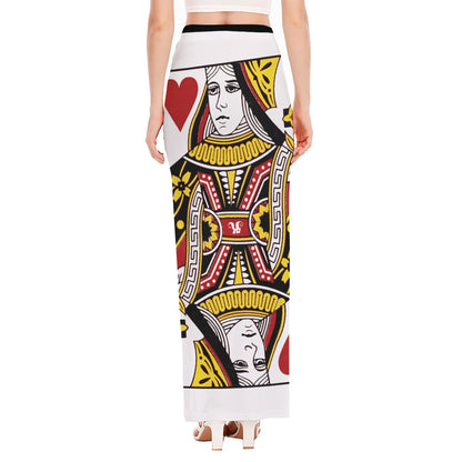 Queen Of Hearts Playing Card Print High Slit Maxi Skirt