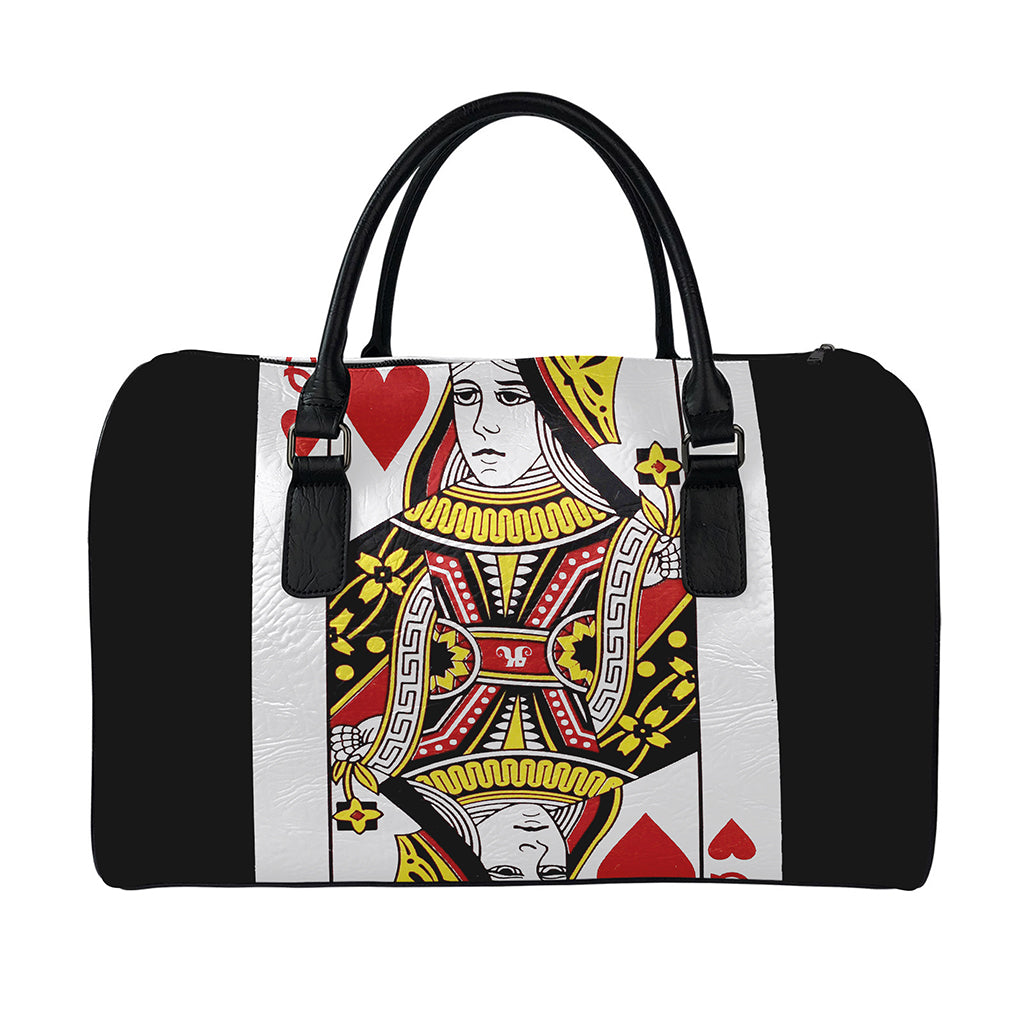 Queen Of Hearts Playing Card Print Leather Duffle Bag