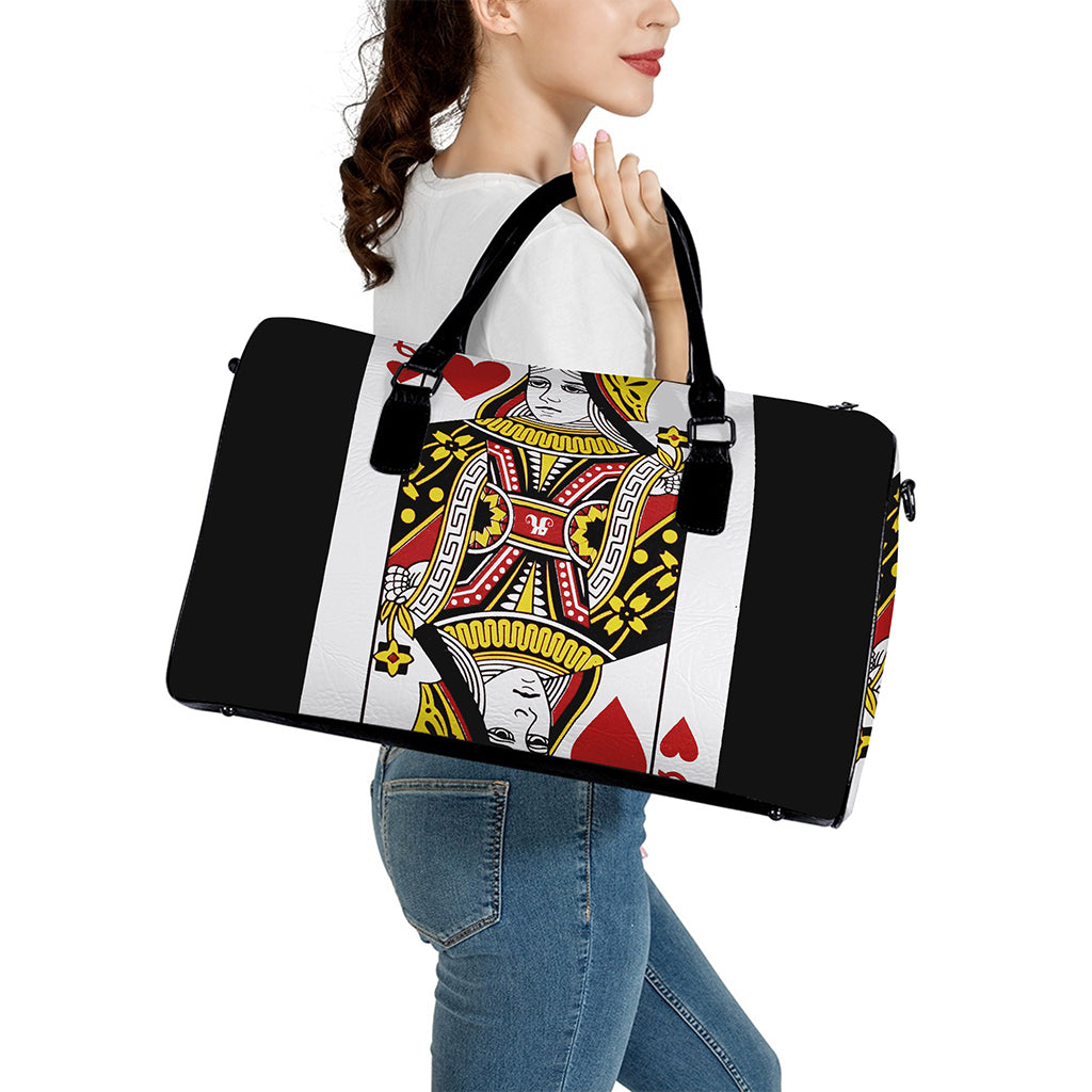 Queen Of Hearts Playing Card Print Leather Duffle Bag