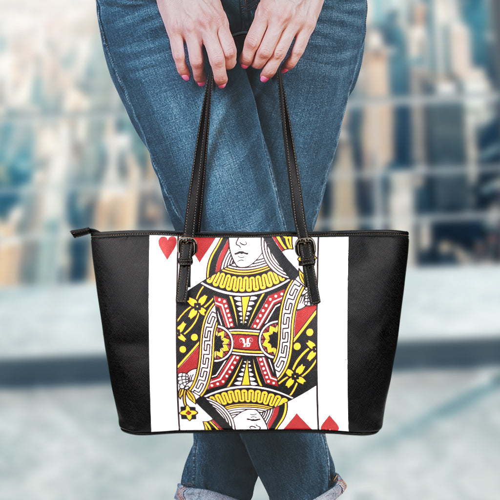 Queen Of Hearts Playing Card Print Leather Tote Bag
