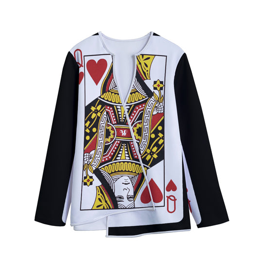 Queen Of Hearts Playing Card Print Long Sleeve Short Coat