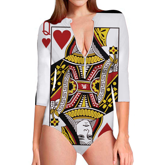 Queen Of Hearts Playing Card Print Long Sleeve Swimsuit