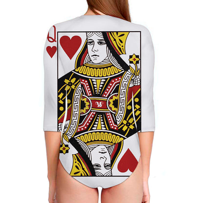 Queen Of Hearts Playing Card Print Long Sleeve Swimsuit