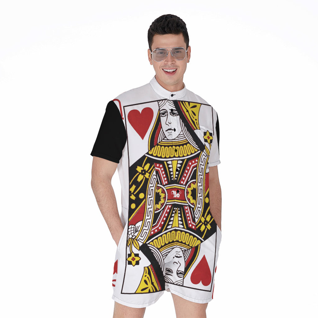 Queen Of Hearts Playing Card Print Men's Rompers