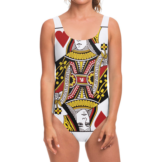 Queen Of Hearts Playing Card Print One Piece Swimsuit