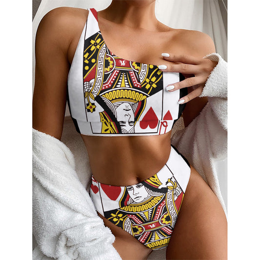 Queen Of Hearts Playing Card Print One Shoulder Bikini Top