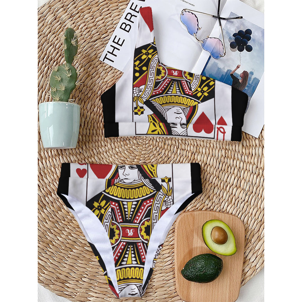 Queen Of Hearts Playing Card Print One Shoulder Bikini Top