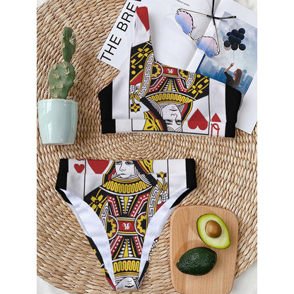 Queen Of Hearts Playing Card Print One Shoulder Bikini Top