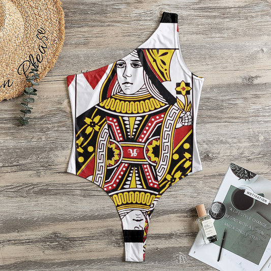 Queen Of Hearts Playing Card Print One Shoulder Bodysuit