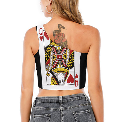 Queen Of Hearts Playing Card Print One Shoulder Crop Top
