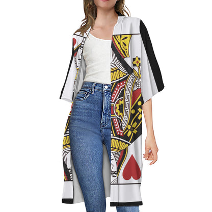 Queen Of Hearts Playing Card Print Open Front Beach Cover Up