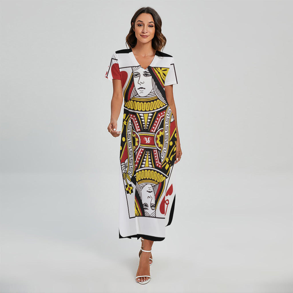 Queen Of Hearts Playing Card Print Short Sleeve Maxi Dress