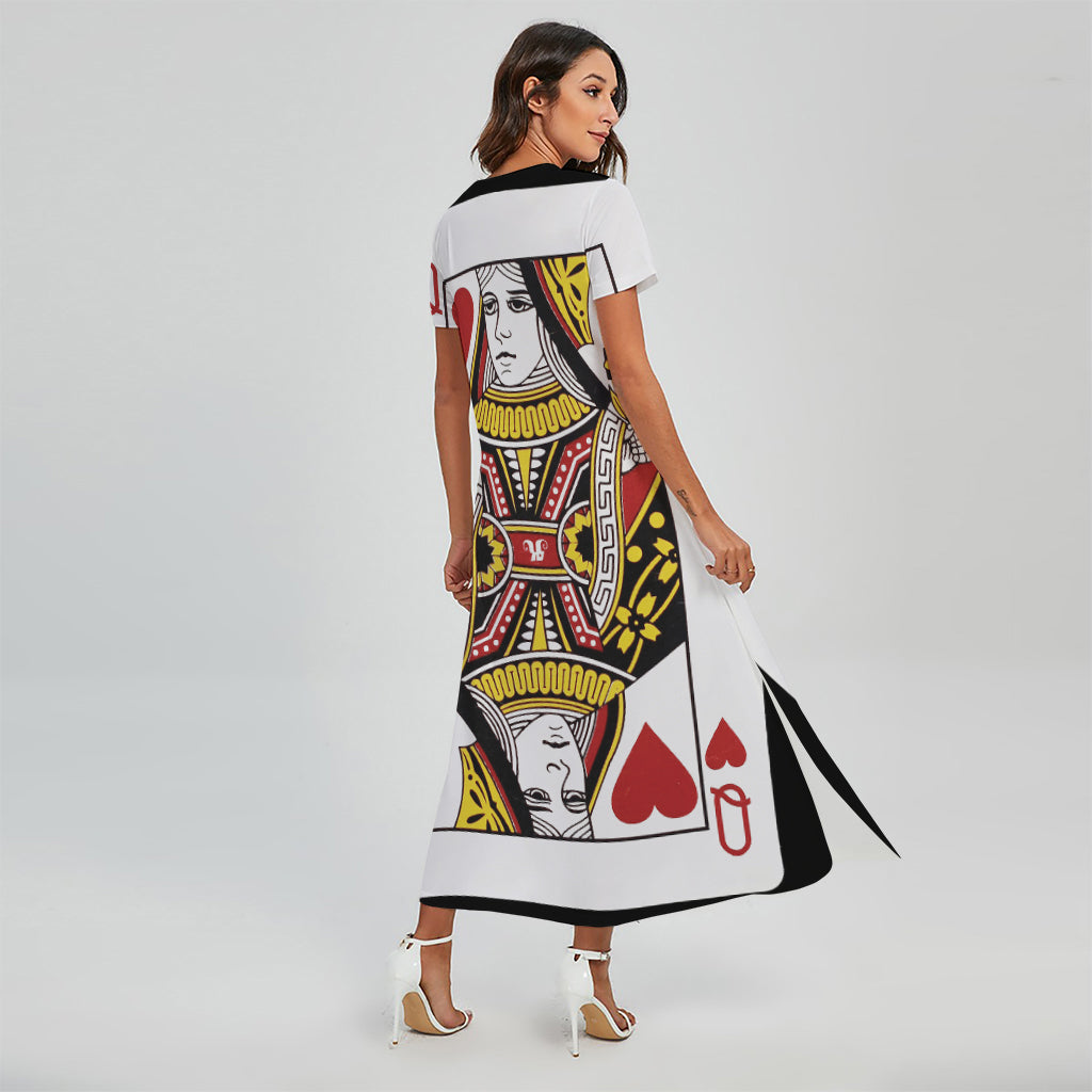 Queen Of Hearts Playing Card Print Short Sleeve Maxi Dress