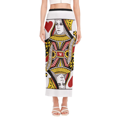 Queen Of Hearts Playing Card Print Side Slit Maxi Skirt