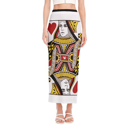 Queen Of Hearts Playing Card Print Side Slit Maxi Skirt