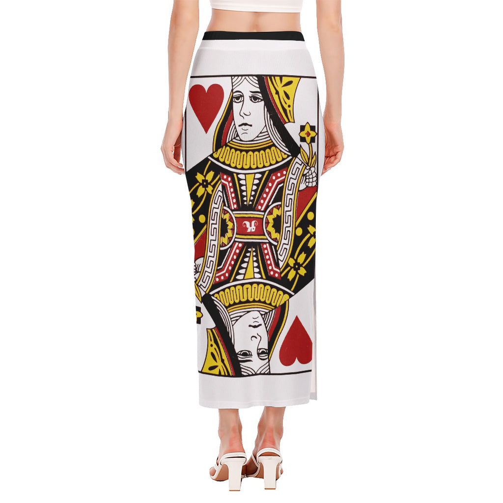 Queen Of Hearts Playing Card Print Side Slit Maxi Skirt