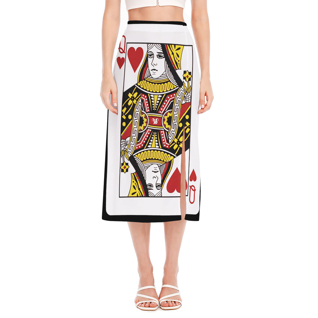 Queen Of Hearts Playing Card Print Side Slit Midi Skirt