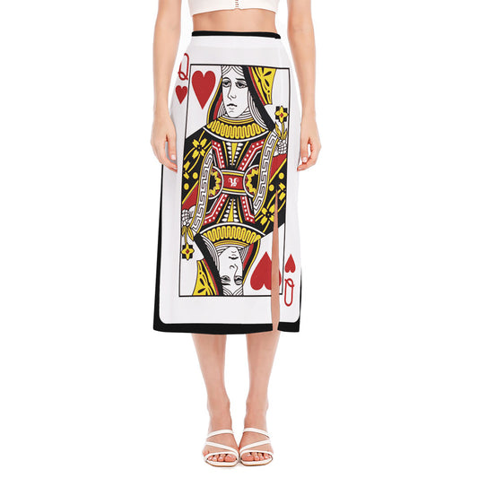 Queen Of Hearts Playing Card Print Side Slit Midi Skirt