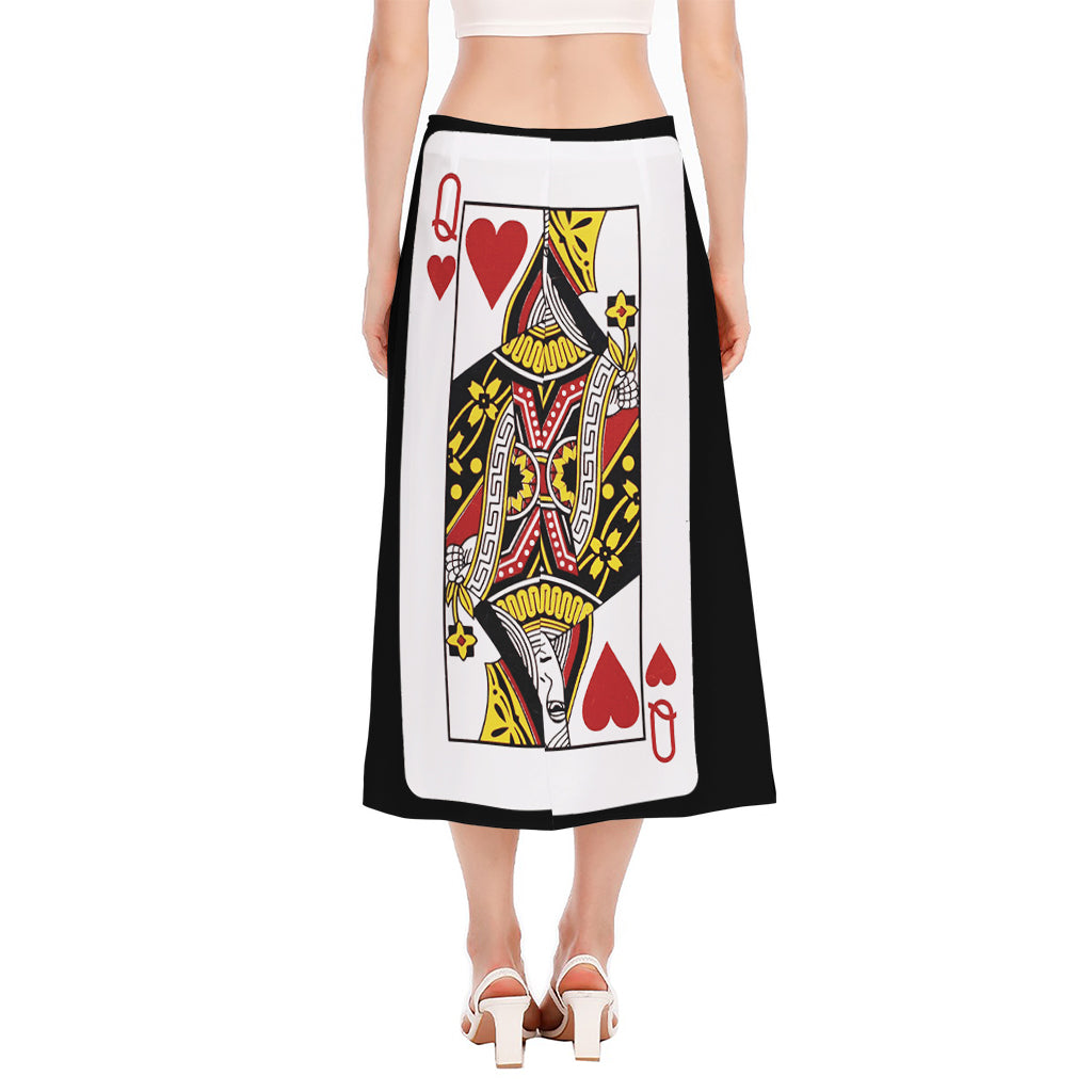 Queen Of Hearts Playing Card Print Side Slit Midi Skirt