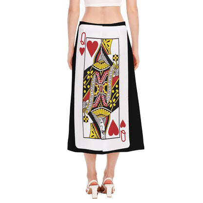 Queen Of Hearts Playing Card Print Side Slit Midi Skirt