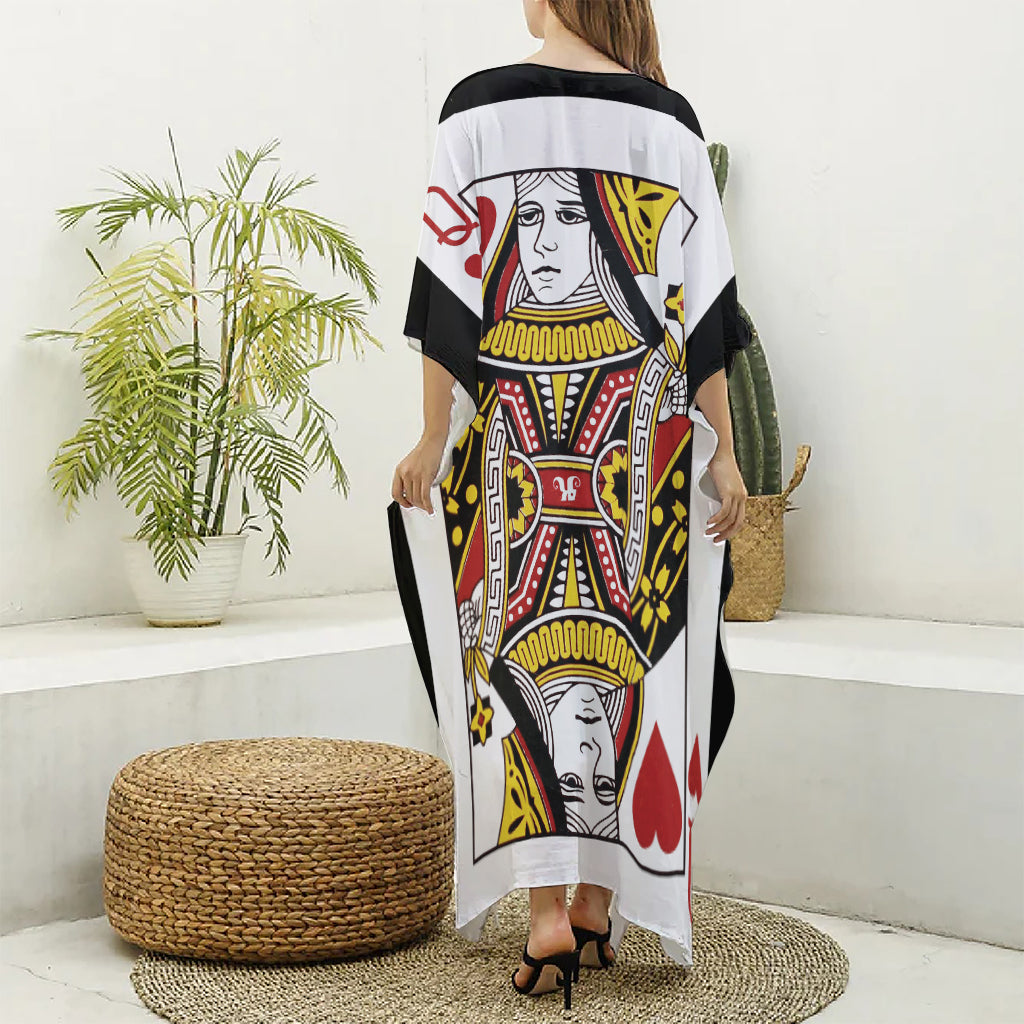 Queen Of Hearts Playing Card Print Silk V-Neck Kaftan Dress