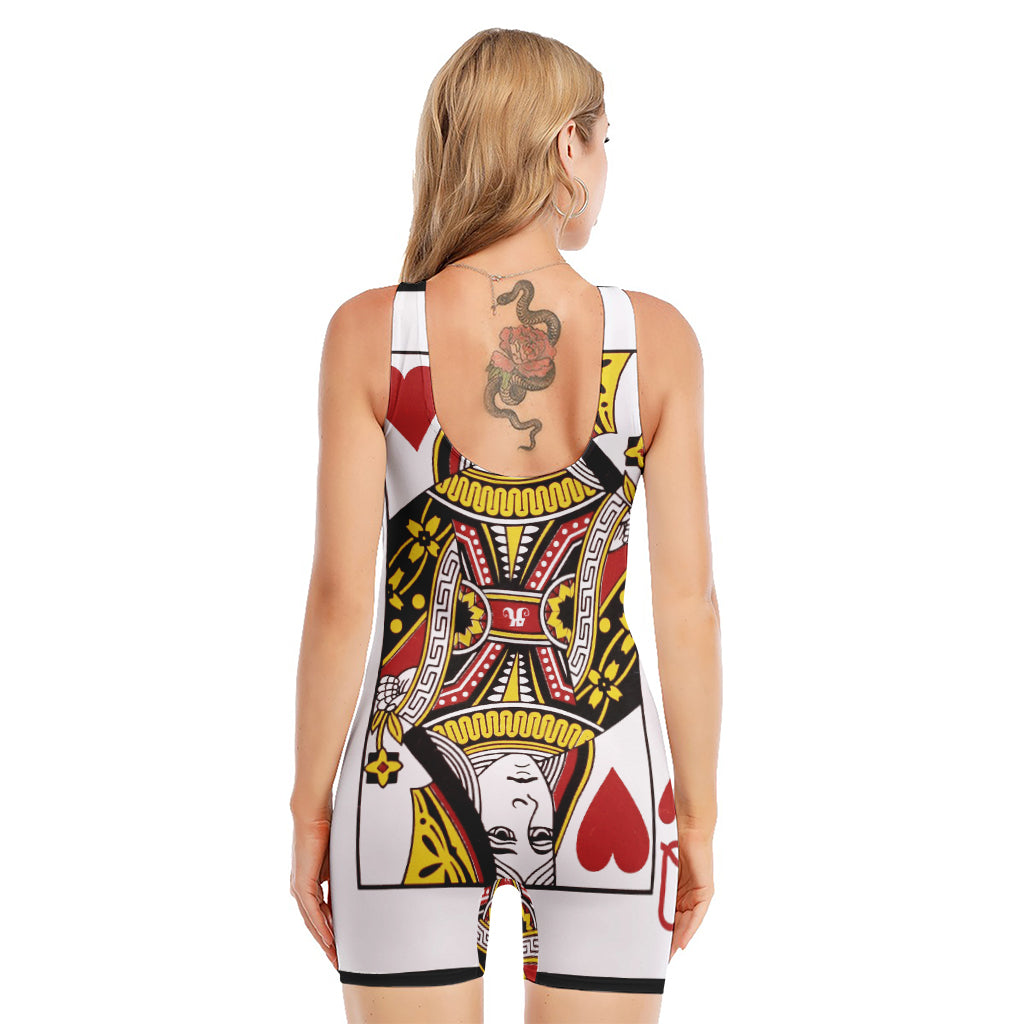 Queen Of Hearts Playing Card Print Sleeveless One Piece Swimsuit