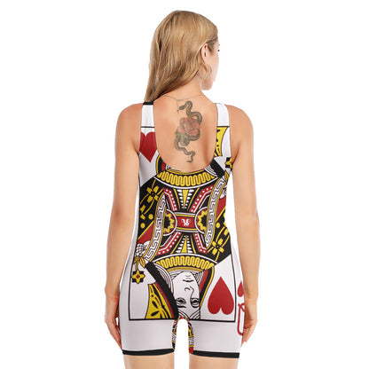 Queen Of Hearts Playing Card Print Sleeveless One Piece Swimsuit