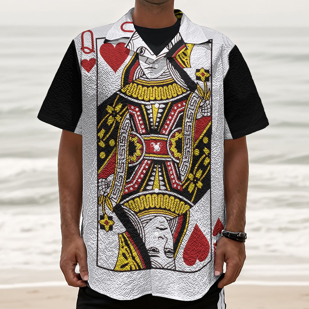 Queen Of Hearts Playing Card Print Textured Short Sleeve Shirt