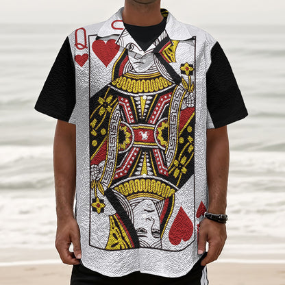 Queen Of Hearts Playing Card Print Textured Short Sleeve Shirt