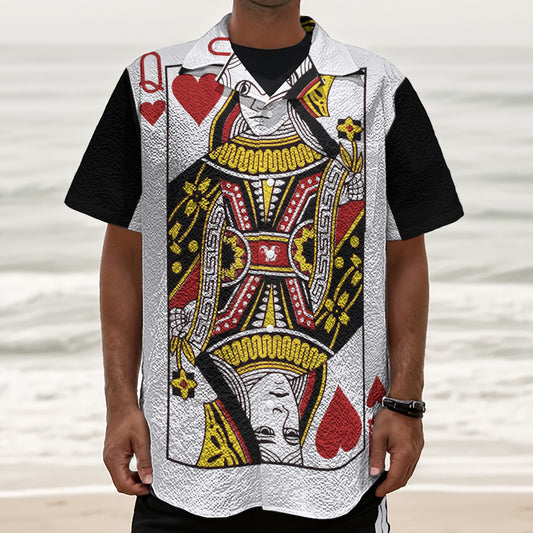 Queen Of Hearts Playing Card Print Textured Short Sleeve Shirt