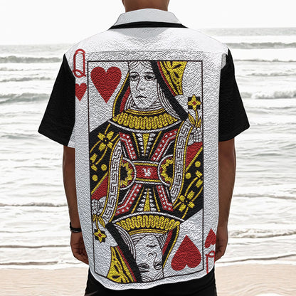Queen Of Hearts Playing Card Print Textured Short Sleeve Shirt