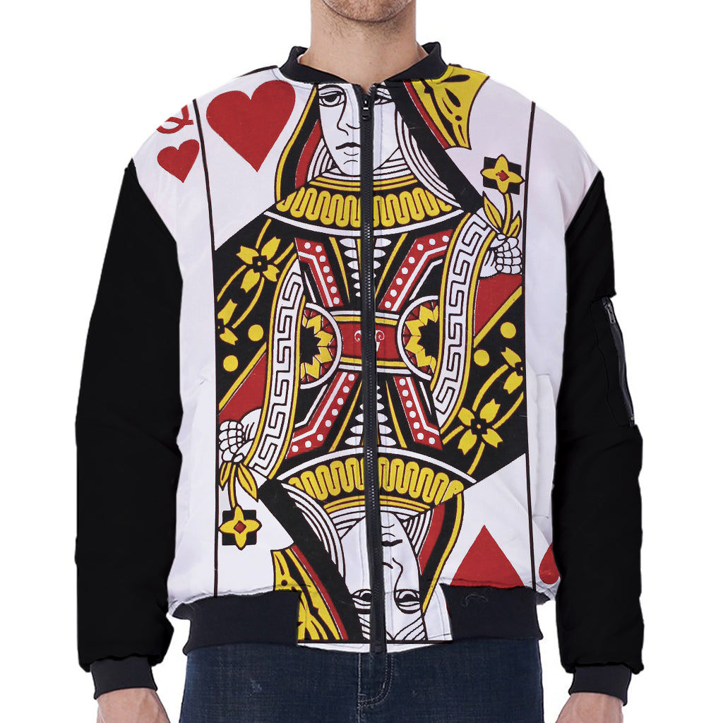 Queen Of Hearts Playing Card Print Zip Sleeve Bomber Jacket