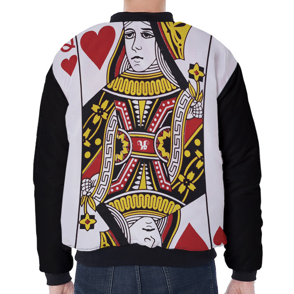 Queen Of Hearts Playing Card Print Zip Sleeve Bomber Jacket