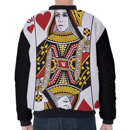 Queen Of Hearts Playing Card Print Zip Sleeve Bomber Jacket