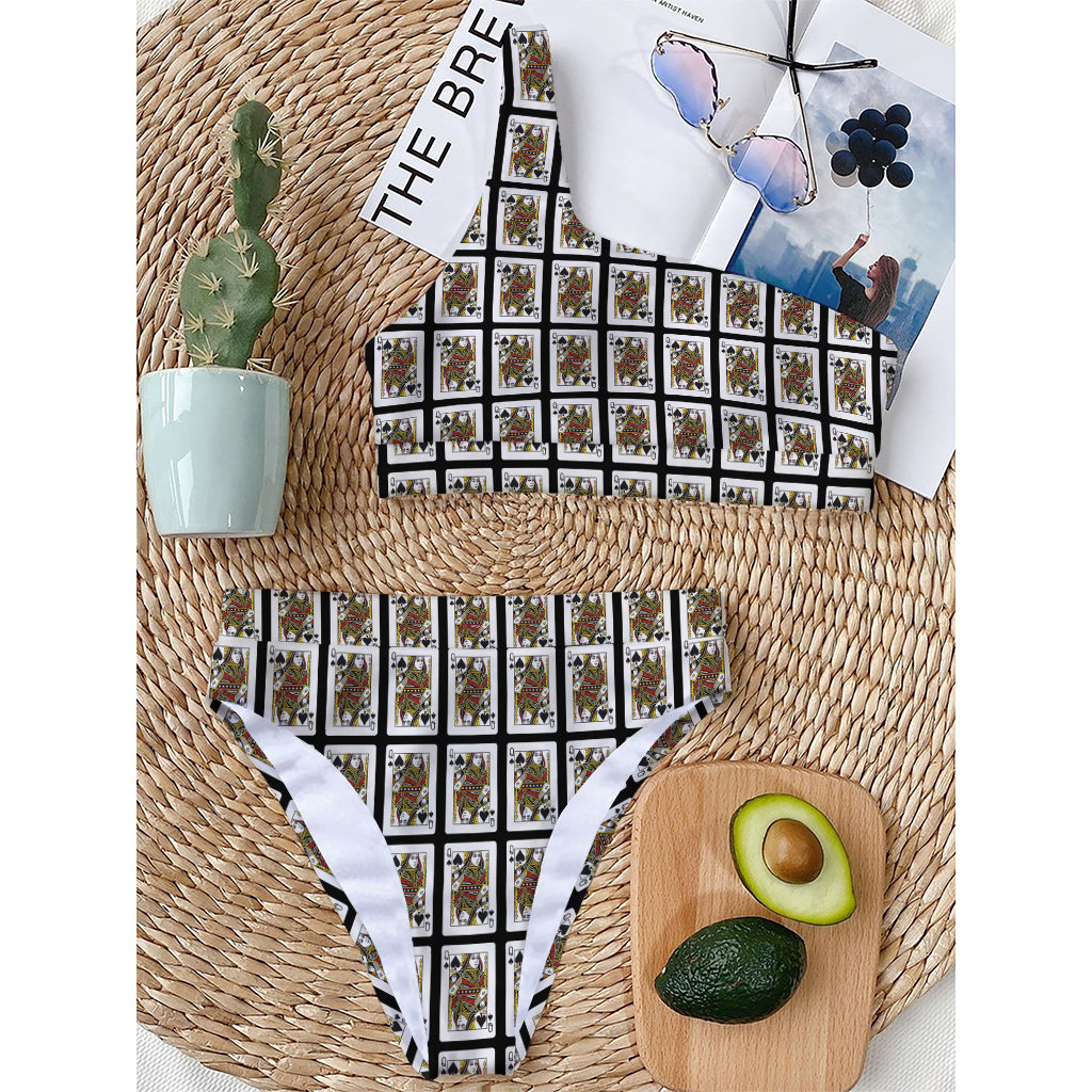 Queen Of Spades Pattern Print One Shoulder Bikini Top