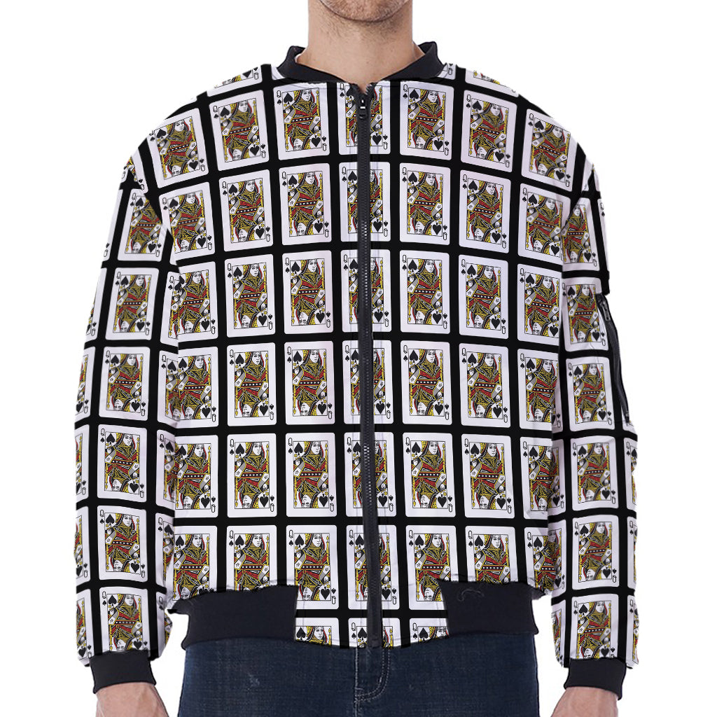 Queen Of Spades Pattern Print Zip Sleeve Bomber Jacket