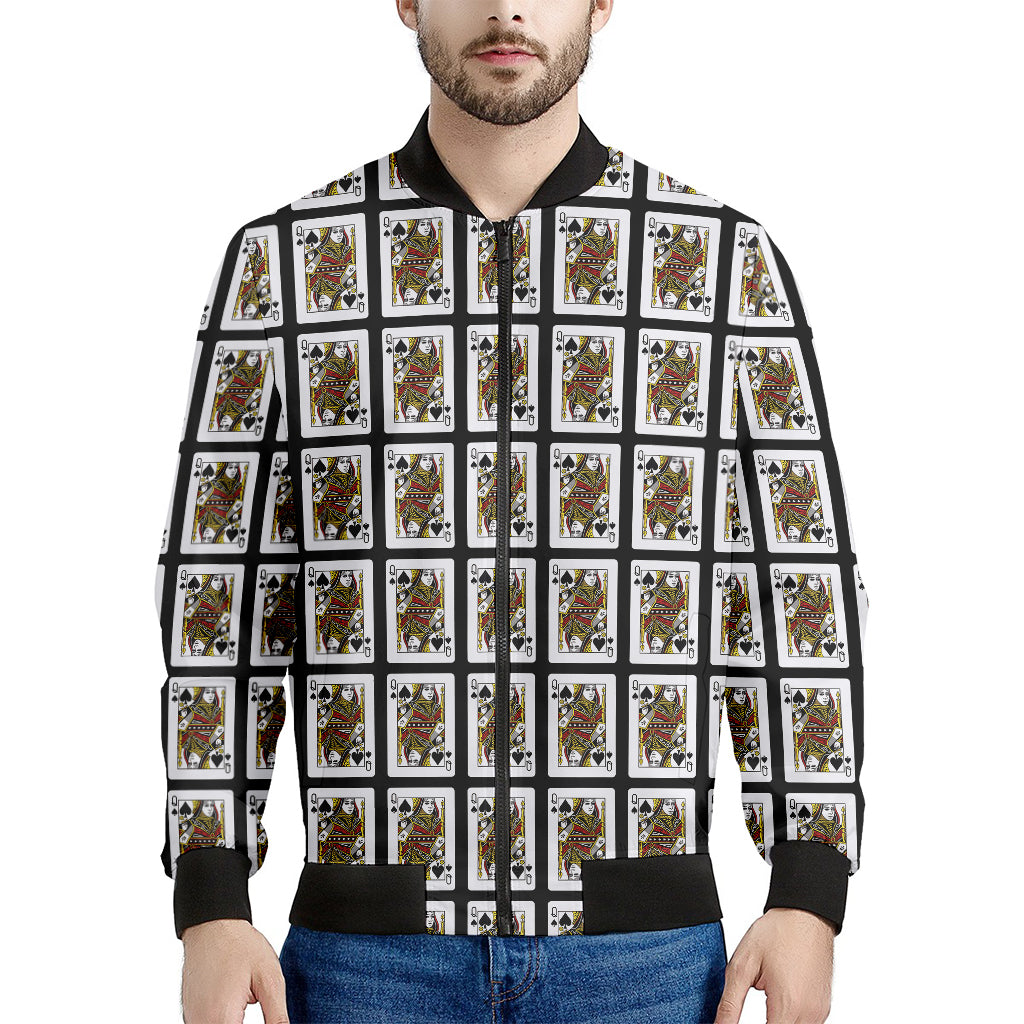 Queen Of Spades Playing Card Pattern Print Men's Bomber Jacket