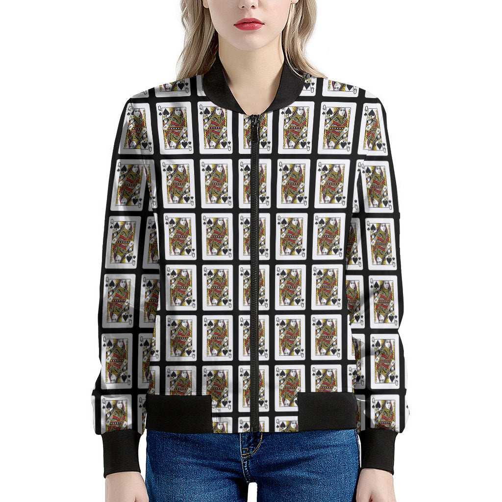Queen Of Spades Playing Card Pattern Print Women's Bomber Jacket