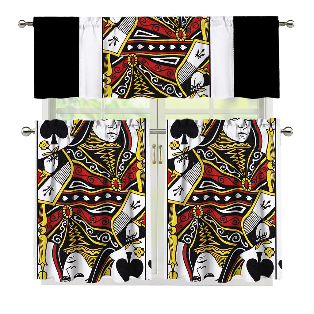 Queen Of Spades Playing Card Print 3 Piece Kitchen Curtains