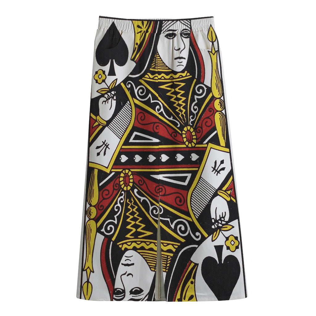 Queen Of Spades Playing Card Print Cotton Front Slit Maxi Skirt