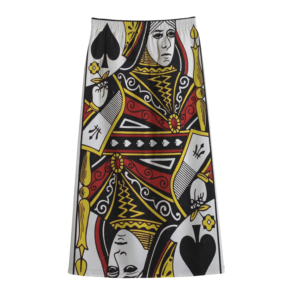 Queen Of Spades Playing Card Print Cotton Front Slit Maxi Skirt